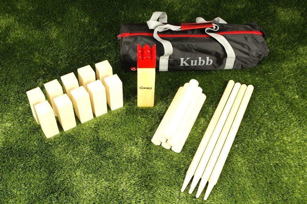 Kubb is a outdoor throwing game which originated in Sweden, the aim is to knock the cuboid or 'knights', by throwing the circular blocks, or 'Kubbs', underarm from