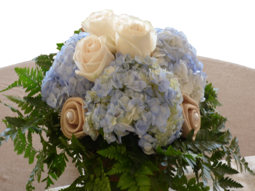 Centerpiece - Blue Hydrangeas and White Roses