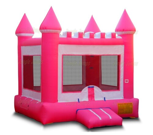 Inflatables - Pink & White Bounce House with Basketball Hoop