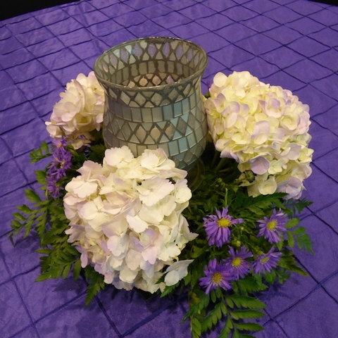 Centerpiece - Hydrangea with Candle Votive and Greenery