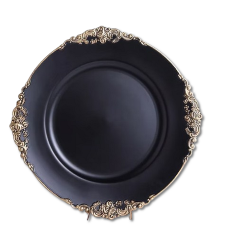 Matte Black Gold Embossed Baroque Round Charger Plate