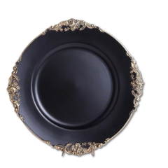 Matte Black Gold Embossed Baroque Round Charger Plate