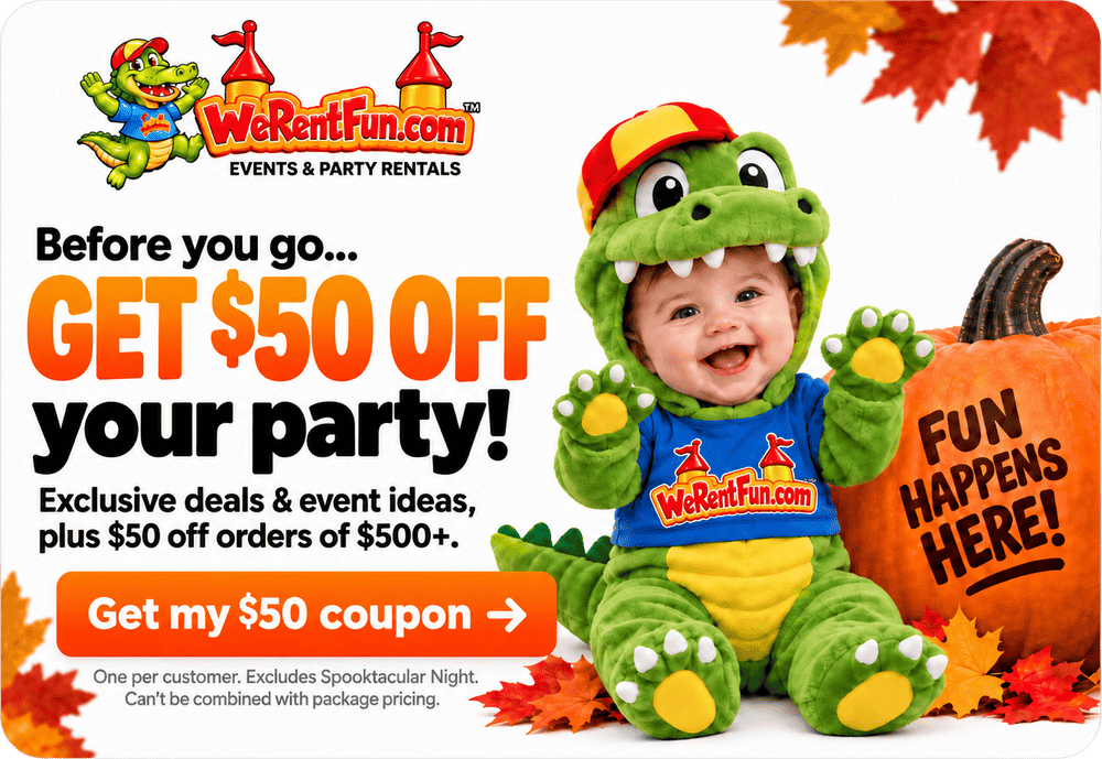 Before you go… GET $50 OFF your party! Exclusive deals & event ideas, plus $50 off orders of $500+. One per customer. Excludes Spooktacular Night. Can't be combined with package pricing.