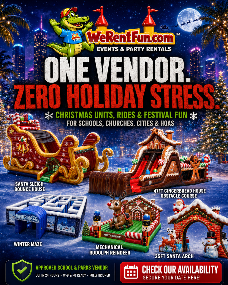 One Vendor. Zero Holiday Stress. Christmas units, rides and festival fun for schools, churches, cities and HOAs — Santa Sleigh bounce house, 47ft Gingerbread House obstacle course, Winter Maze, Mechanical Rudolph Reindeer and 25ft Santa Arch.