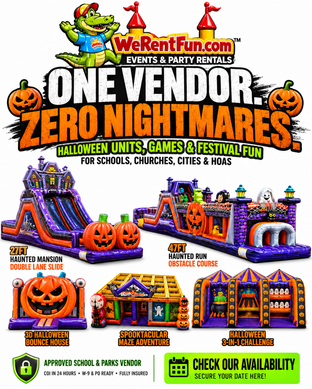 One Vendor. Zero Nightmares. Halloween units, games and festival fun for schools, churches, cities and HOAs — 27ft Haunted Mansion double lane slide, 47ft Haunted Run obstacle course, 3D Halloween bounce house, Spooktacular Maze Adventure and Halloween 3-in-1 Challenge.