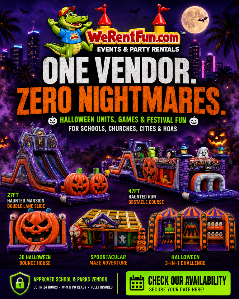 One Vendor. Zero Nightmares. Halloween units, games and festival fun for schools, churches, cities and HOAs — 27ft Haunted Mansion double lane slide, 47ft Haunted Run obstacle course, 3D Halloween bounce house, Spooktacular Maze Adventure and Halloween 3-in-1 Challenge.