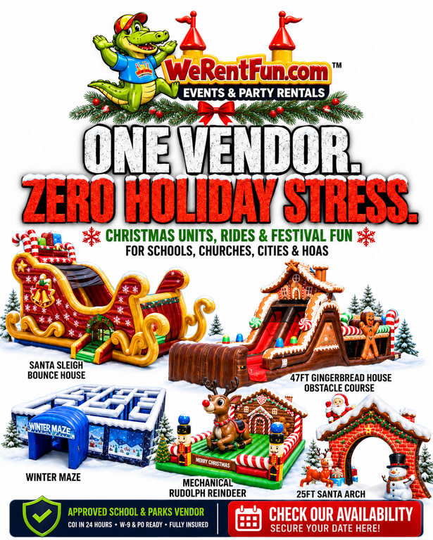 One Vendor. Zero Holiday Stress. Christmas units, rides and festival fun for schools, churches, cities and HOAs — Santa Sleigh bounce house, 47ft Gingerbread House obstacle course, Winter Maze, Mechanical Rudolph Reindeer and 25ft Santa Arch.
