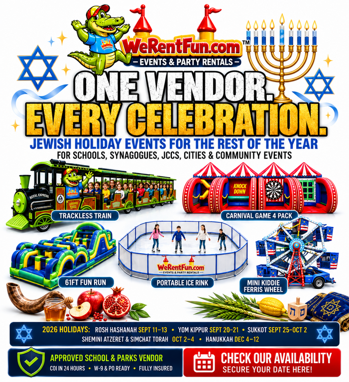 One Vendor. Every Celebration. Jewish holiday events for schools, synagogues, JCCs, cities and community events — trackless train, carnival game 4 pack, 61ft Fun Run, portable ice rink and mini kiddie Ferris wheel.
