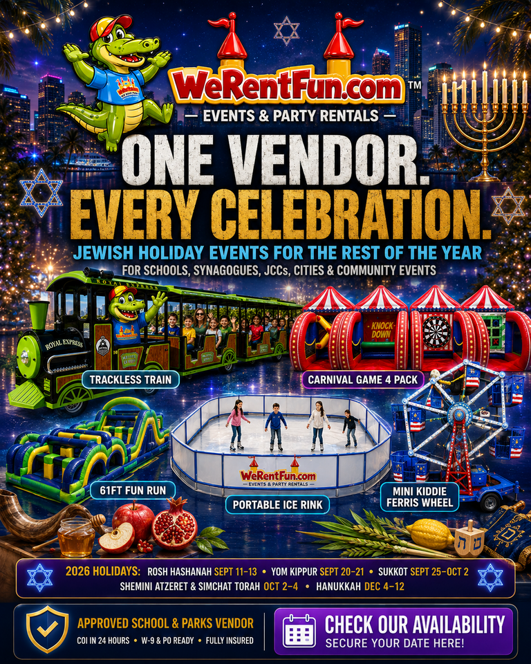 One Vendor. Every Celebration. Jewish holiday events for schools, synagogues, JCCs, cities and community events — trackless train, carnival game 4 pack, 61ft Fun Run, portable ice rink and mini kiddie Ferris wheel.