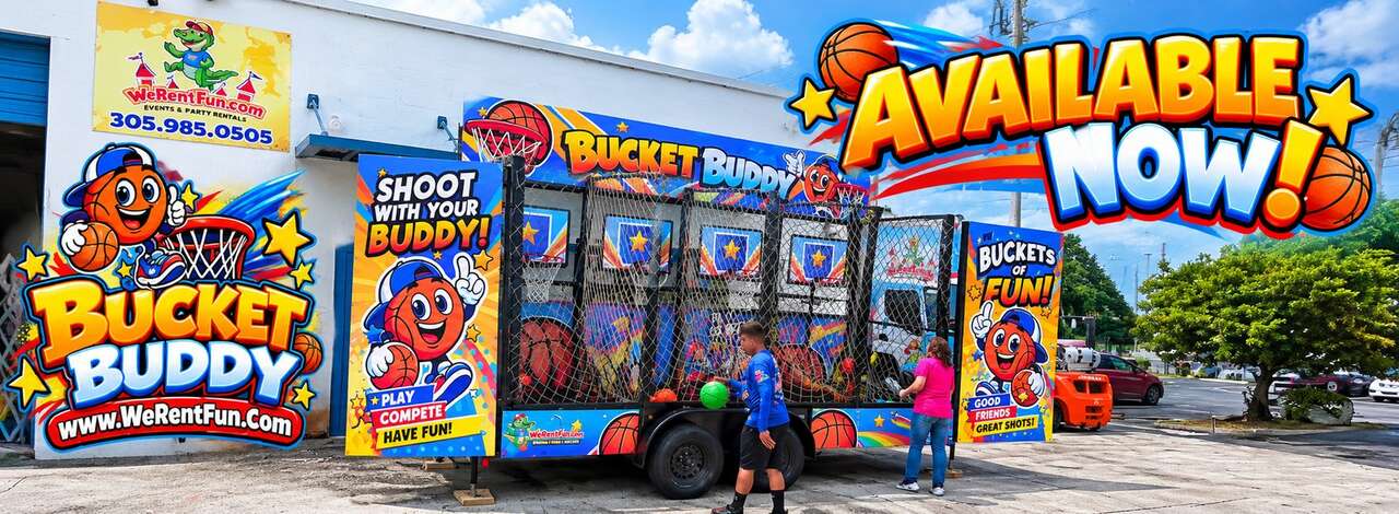 Bucket Buddy 4-hoop mobile basketball trailer rental from We Rent Fun in Miami