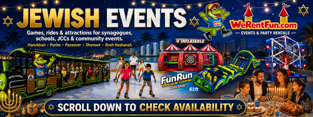 Jewish Events from We Rent Fun — games, rides and attractions for synagogues, schools, JCCs and community events. Hanukkah, Purim, Passover, Shavuot and Rosh Hashanah. Featuring the Royal Express trackless train, portable ice rink, 4-inflatable carnival games, 61ft Fun Run obstacle course and a Ferris wheel.