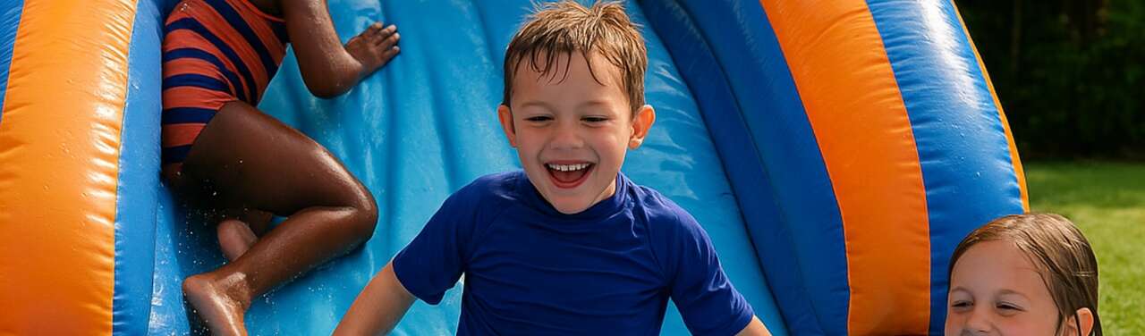 Kids playing on inflatable water slide Kids playing on inflatable water slide