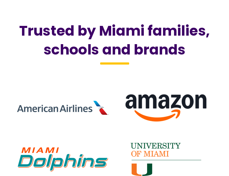 Trusted by Miami families, schools and brands: American Airlines, Amazon, Miami Dolphins, University of Miami, FIU, GFiber (Google Fiber), JW Marriott, The Boca Raton, Miami Dade College, Baptist Health, FPL, DHL, Boys & Girls Clubs, YMCA, FAU, Eau Palm Beach Resort, PAMM, Signia by Hilton Diplomat Beach Resort, The Salvation Army, Big Brothers Big Sisters of Miami. Cities we've served: Coral Gables, Doral, Miramar, Hollywood, Deerfield Beach, Homestead, West Miami, Tamarac