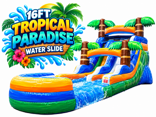 <p style='text-align: center; font-family: Arial, sans-serif;'>
  <span style='font-size: 22px; font-weight: bold; color: #ff6600;'>
    R40 - 16FT Tropical Paradise Water Slide
  </span><br>
  <span style='font-size: 14px; font-weight: bold; color: #0080ff;'>
    🎥 Watch the video below! (14 & under)
  </span><br>
  <span style='font-size: 14px; font-weight: bold; color: green;'>
    ✅ Free Delivery & Setup
  </span>
</p>
