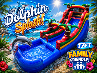 <p style='text-align: center; font-family: Arial, sans-serif;'>
  <span style='font-size: 22px; font-weight: bold; color: #ff6600;'>
    17FT. Dolphin Splash Water Slide
  </span><br>
  <span style='font-size: 14px; font-weight: bold; color: #0080ff;'>
    🎥 Watch the video below! – R94/129 (14 & under)
  </span><br>
  <span style='font-size: 14px; font-weight: bold; color: green;'>
    ✅ Free Delivery & Setup
  </span>
</p>
