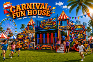 <p style='text-align: center; font-family: Arial, sans-serif;'>
  <span style='font-size: 22px; font-weight: bold; color: #ff6600;'>
  Carnival Fun House
  </span><br>
  <span style='font-size: 14px; font-weight: bold; color: #0080ff;'>
     (Includes Staffing) 🎥 Watch the video below!
  </span>
</p>

