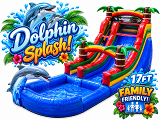 <p style='text-align: center; font-family: Arial, sans-serif;'>
  <span style='font-size: 22px; font-weight: bold; color: #ff6600;'>
    17FT. Dolphin Splash Water Slide
  </span><br>
  <span style='font-size: 14px; font-weight: bold; color: #0080ff;'>
    🎥 Watch the video below! – R94/129 (14 & under)
  </span><br>
  <span style='font-size: 14px; font-weight: bold; color: green;'>
    ✅ Free Delivery & Setup
  </span>
</p>
