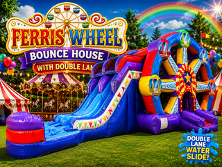 <p style='text-align: center; font-family: Arial, sans-serif;'>
  <span style='font-size: 22px; font-weight: bold; color: #ff6600;'>
    Ferris Wheel Bounce House With Double Lane
  </span><br>
  <span style='font-size: 14px; font-weight: bold; color: #0080ff;'>
    🎥 Watch the video below! – Wet/Dry – R103
  </span><br>
  <span style='font-size: 14px; font-weight: bold; color: green;'>
    ✅ Free Delivery & Setup
  </span>
</p>

