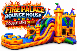<p style='text-align: center; font-family: Arial, sans-serif;'>
  <span style='font-size: 22px; font-weight: bold; color: #ff6600;'>
    Fire Palace Bounce House With Double Lane Slide
  </span><br>
  <span style='font-size: 14px; font-weight: bold; color: #0080ff;'>
    🎥 Watch the video below! – Wet/Dry – R102
  </span><br>
  <span style='font-size: 14px; font-weight: bold; color: green;'>
    ✅ Free Delivery & Setup
  </span>
</p>
