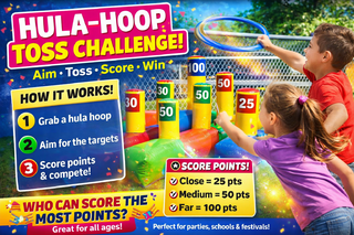 <p style='text-align: center; font-family: Arial, sans-serif;'>
  <span style='font-size: 22px; font-weight: bold; color: #ff6600;'>
    Hula Hoop Toss (Carnival Game)
  </span><br>
  <span style='font-size: 14px; font-weight: bold; color: #0080ff;'>
    🎥 Watch the video below!  – R126
  </span><br>
  <span style='font-size: 14px; font-weight: bold; color: green;'>
   
  </span>
</p>