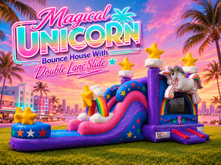 <p style='text-align: center; font-family: Arial, sans-serif;'>
  <span style='font-size: 22px; font-weight: bold; color: #ff6600;'>
    Magical Unicorn Bounce House With Double Lane Slide
  </span><br>
  <span style='font-size: 14px; font-weight: bold; color: #0080ff;'>
    🎥 Watch the video below! – Wet/Dry – R111
  </span><br>
  <span style='font-size: 14px; font-weight: bold; color: green;'>
    ✅ Free Delivery & Setup
  </span>
</p>