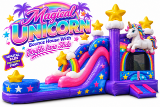 <p style='text-align: center; font-family: Arial, sans-serif;'>
  <span style='font-size: 22px; font-weight: bold; color: #ff6600;'>
    Magical Unicorn Bounce House With Double Lane Slide
  </span><br>
  <span style='font-size: 14px; font-weight: bold; color: #0080ff;'>
    🎥 Watch the video below! – Wet/Dry – R111
  </span><br>
  <span style='font-size: 14px; font-weight: bold; color: green;'>
    ✅ Free Delivery & Setup
  </span>
</p>