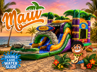 <p style='text-align: center; font-family: Arial, sans-serif;'>
  <span style='font-size: 22px; font-weight: bold; color: #ff6600;'>
    Maui Bounce House With Double Lane Slide
  </span><br>
  <span style='font-size: 14px; font-weight: bold; color: #0080ff;'>
    🎥 Watch the video below! – Wet/Dry – R127
  </span><br>
  <span style='font-size: 14px; font-weight: bold; color: green;'>
    ✅ Free Delivery & Setup
  </span>
</p>
