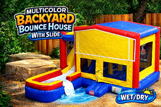 <p style='text-align: center; font-family: Arial, sans-serif;'>
  <span style='font-size: 22px; font-weight: bold; color: #ff6600;'>
    Multicolor Backyard Bounce House With Slide
  </span><br>
  <span style='font-size: 14px; font-weight: bold; color: #0080ff;'>
    🎥 Watch the video below! – Wet/Dry – R122
  </span>
</p>
