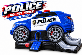 <p style='text-align: center; font-family: Arial, sans-serif;'>
  <span style='font-size: 22px; font-weight: bold; color: #ff6600;'>
    Police Cruiser Bounce House With Slide
  </span><br>
  <span style='font-size: 14px; font-weight: bold; color: #0080ff;'>
    🎥 Watch the video below! – Wet/Dry
  </span>
</p>
