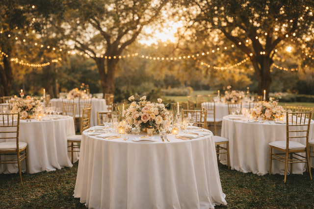 Wedding table with white polyester linens