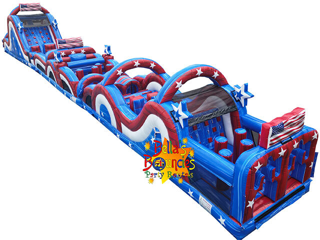 95ft Rad Run All American obstacle course inflatable rental with red white and blue patriotic theme from Bella’s Bouncies