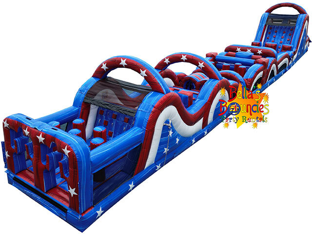 95ft Rad Run All American obstacle course inflatable rental with red white and blue patriotic theme from Bella’s Bouncies