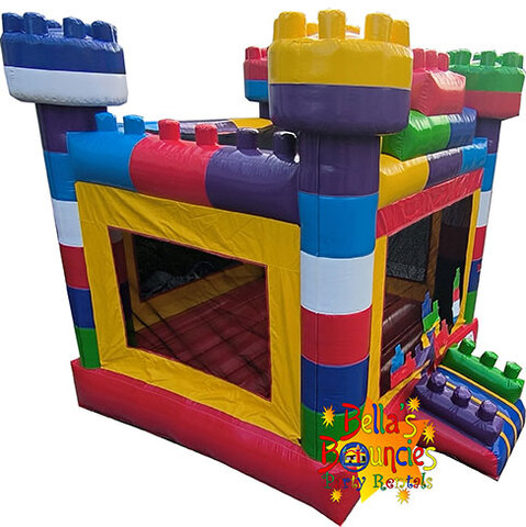 Colorful block themed bounce house inflatable rental for kids birthday parties from Bella’s Bouncies