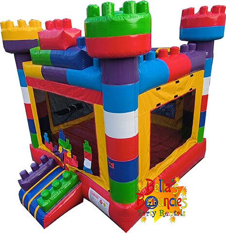 Colorful block themed bounce house inflatable rental for kids birthday parties from Bella’s Bouncies