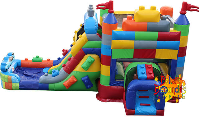 Colorful block themed double lane bounce house combo with slide and splash pool rental from Bella’s Bouncies