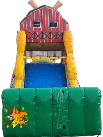 Farm themed inflatable obstacle course with barn, animals, and slide rental from Bella’s Bouncies