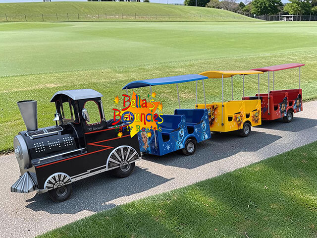 trackless train rental for parties festivals and school events Bella’s Bouncies Chicagoland