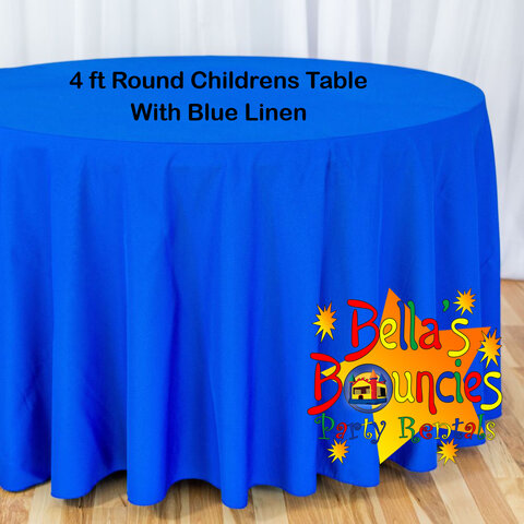 4 Foot Round Childrens Table with Blue Linen Table Cover