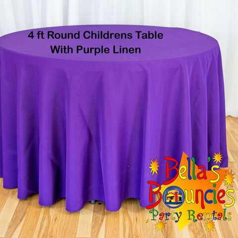 4 Foot Round Childrens Table with Purple Linen Table Cover