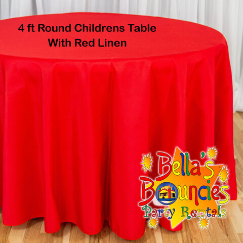 4 Foot Round Childrens Table with Red Linen Table Cover