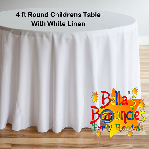 4 Foot Round Childrens Table with White Linen Table Cover