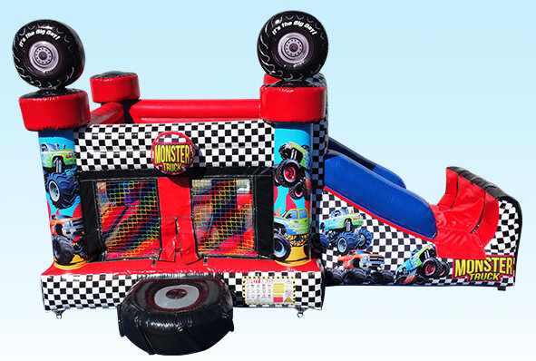Monster Truck Mini Combo Bounce House Rental Chicago, Themed Moonwalk.  Children Party Rental Illinois.  Features a Slide & Basketball Hoop.
