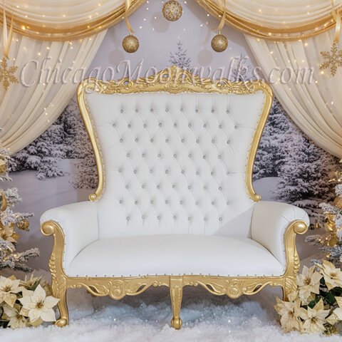 Santa Double Throne Chair Sofa White and Gold Rental Chicago Holiday Christmas Parties
