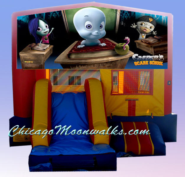 Casper The Friendly Ghost Inflatable Party Rental Moonwalk. Features Slide, Basketball Hoop, and Large Jumping Area. Rent a Bounce House with a Slide, to Maximize Kids Enjoyment. Halloween Costume Parties are Fun with Any Themed Inflatable Castle.  