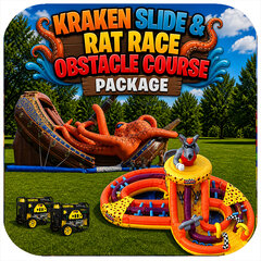 Kraken Inflatable Slide and Rat Race Obstacle Course Package with Generators