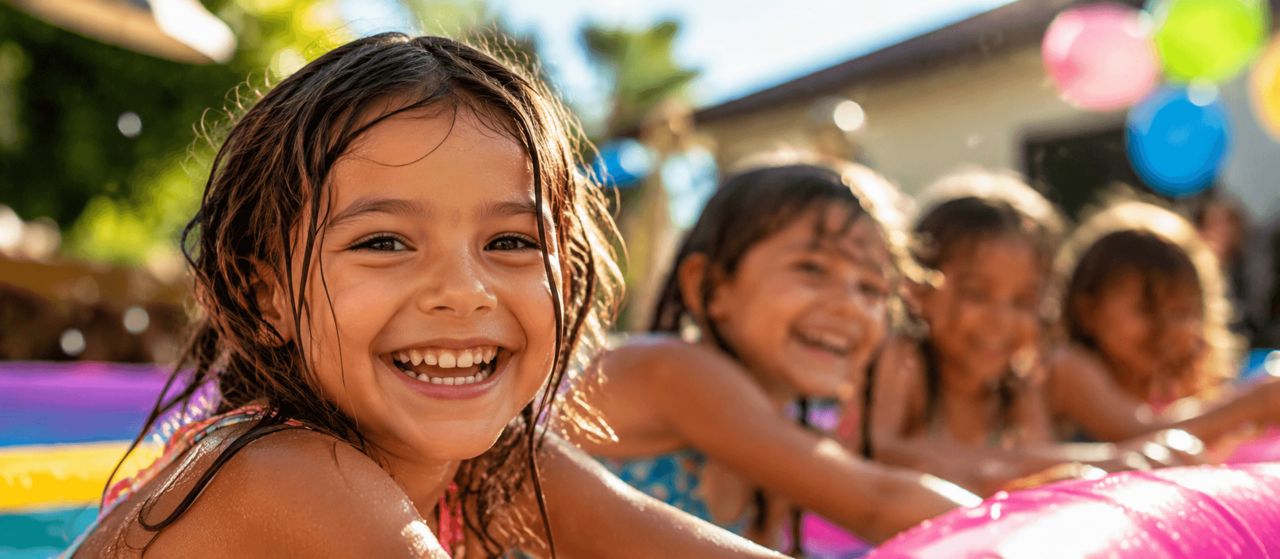 family backyard setup featured in water slide rental guide with kids playing