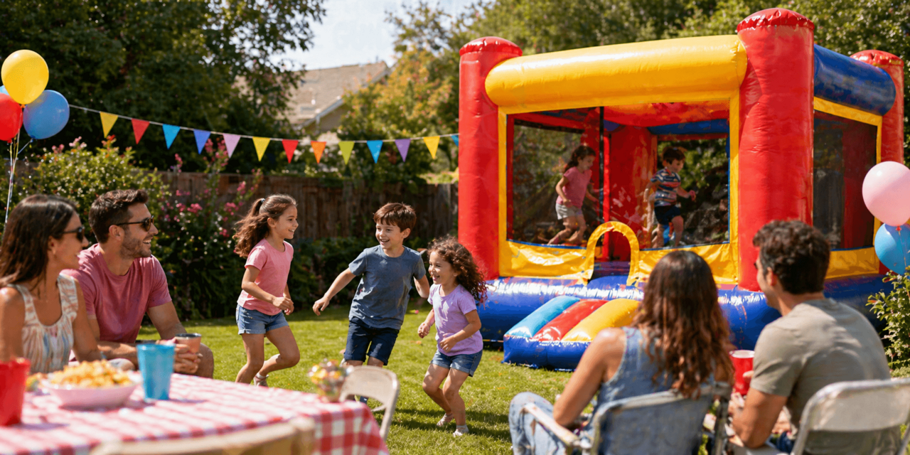 family enjoying bounce house party