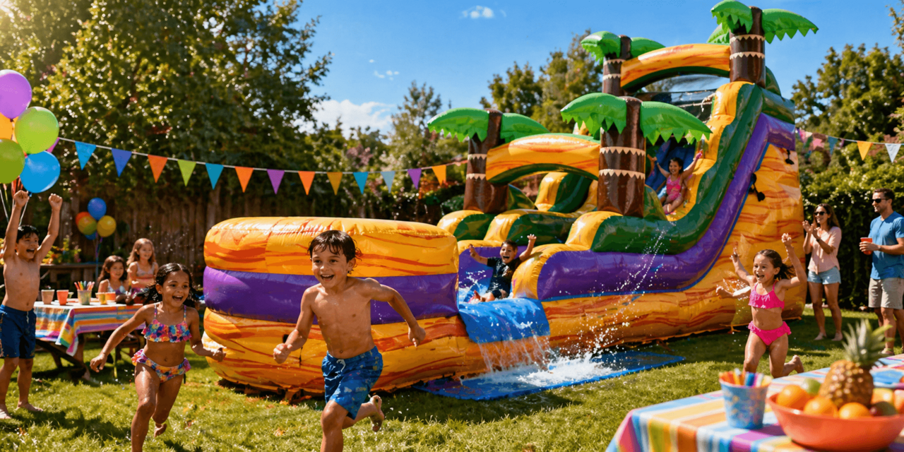 family backyard setup featured in water slide rental guide with kids playing