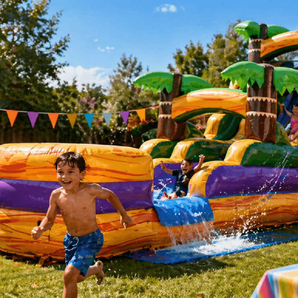 kids enjoying tropical water slide rental at backyard party on Long Island
