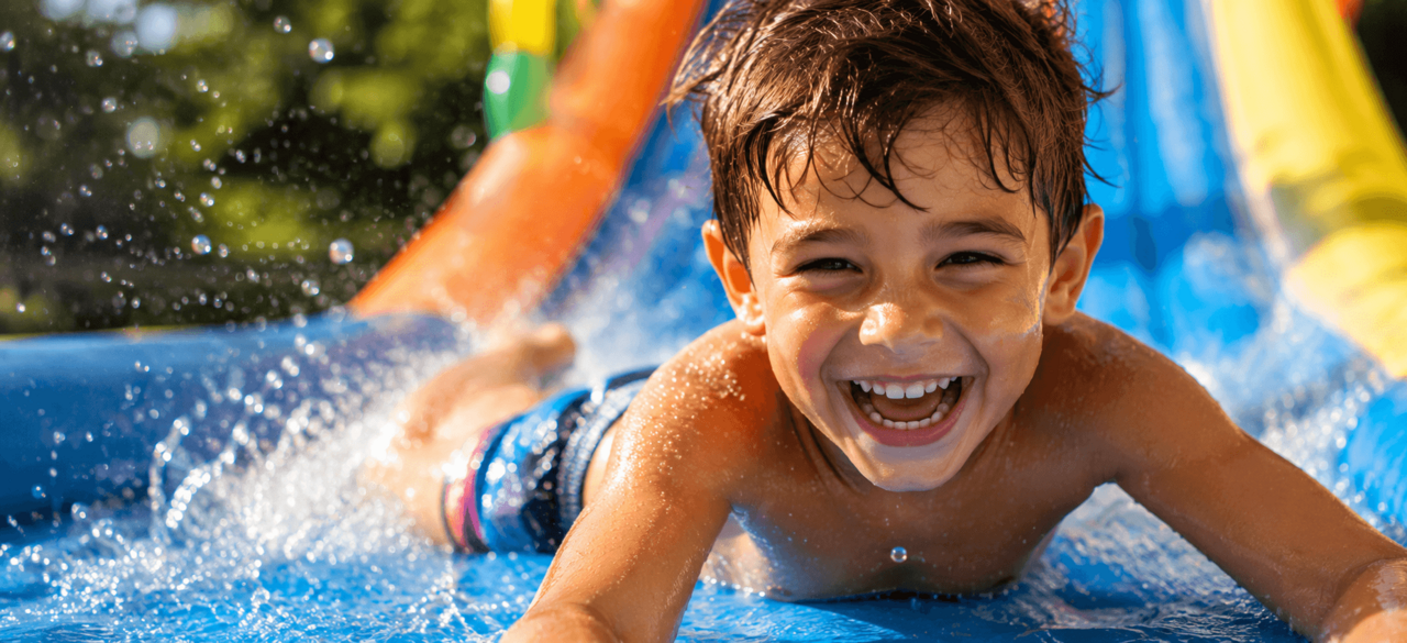 family backyard setup featured in water slide rental guide with kids playing